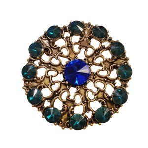 Blue & Green Jewel Round Chrome Celtic Style Brooch